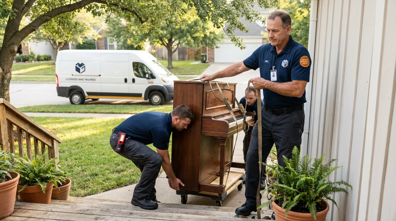 Licensed piano movers securing grand piano in Ponderay, ID